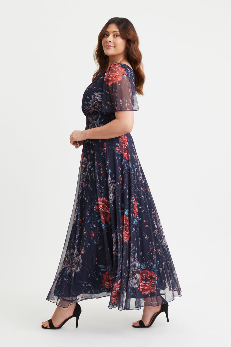 Y London Scarlett Floaty Rose Print Midi Dress With Button Front Black/red main image 0