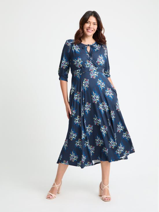 Navy Multi '1940s' Tie and Wrap Dress