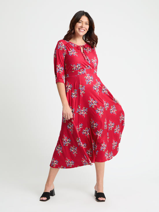Red Multi '1940s' Tie and Wrap Dress