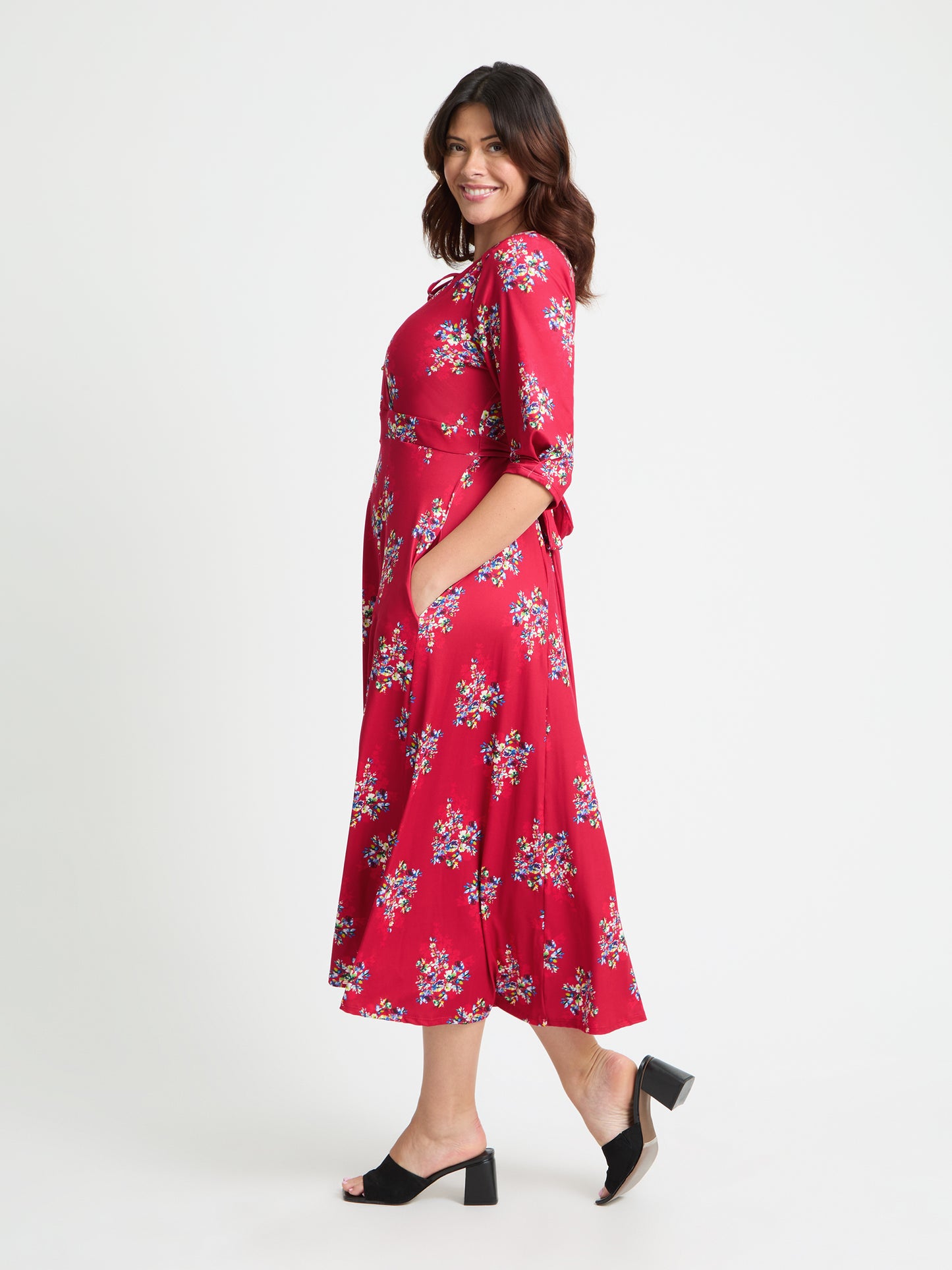 Red Multi '1940s' Tie and Wrap Dress