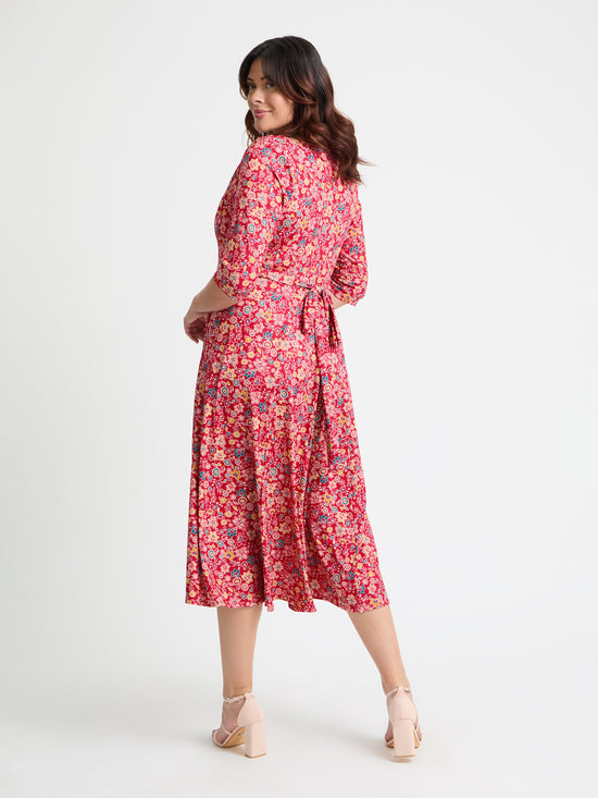 Red Yellow Teal Cowl Neck '1940s' Dress