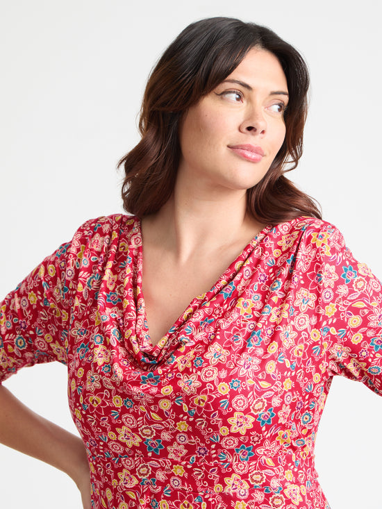 Red Yellow Teal Cowl Neck '1940s' Dress