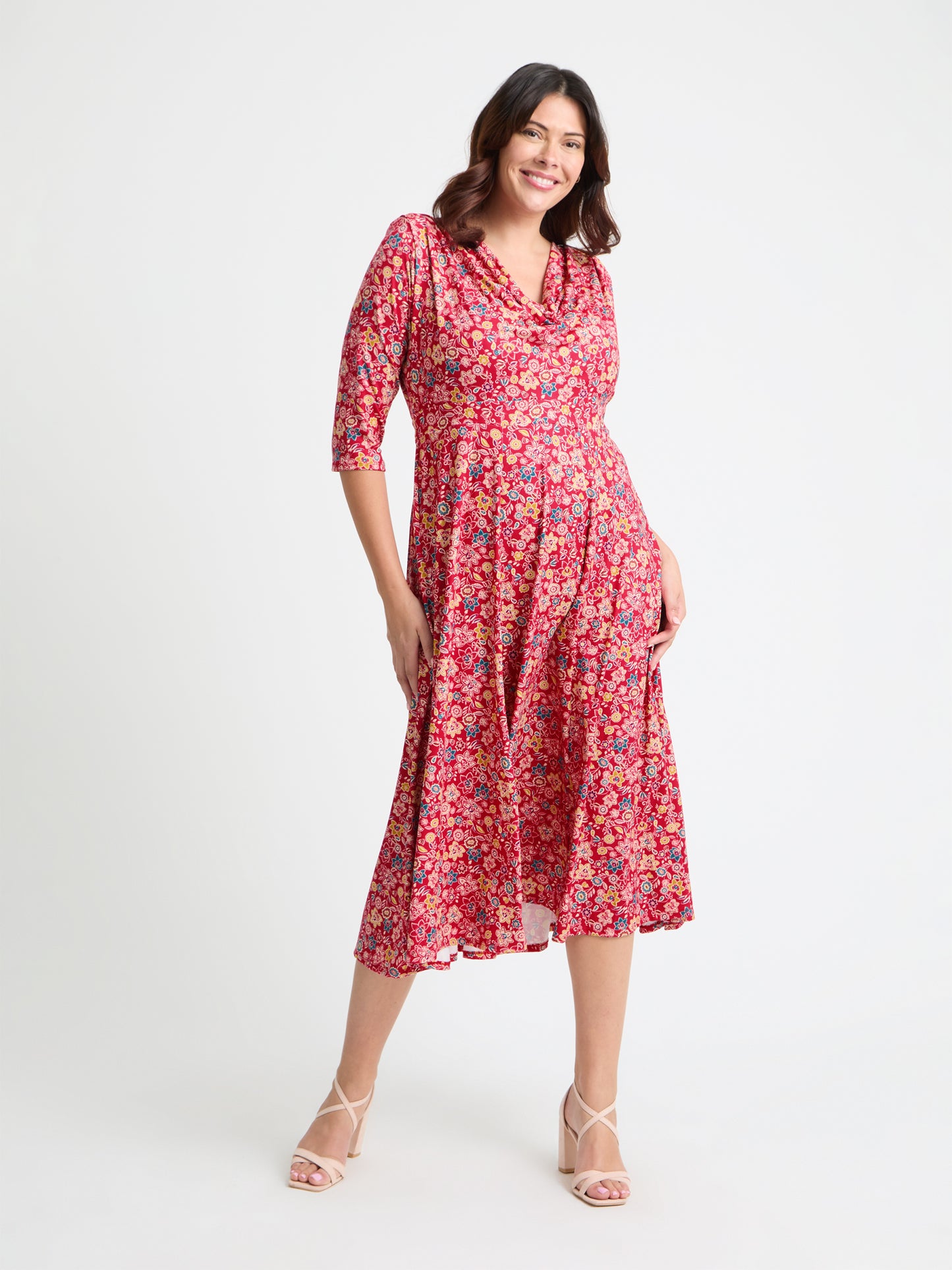 Red Yellow Teal Cowl Neck '1940s' Dress