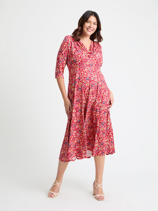 Red Yellow Teal Cowl Neck '1940s' Dress