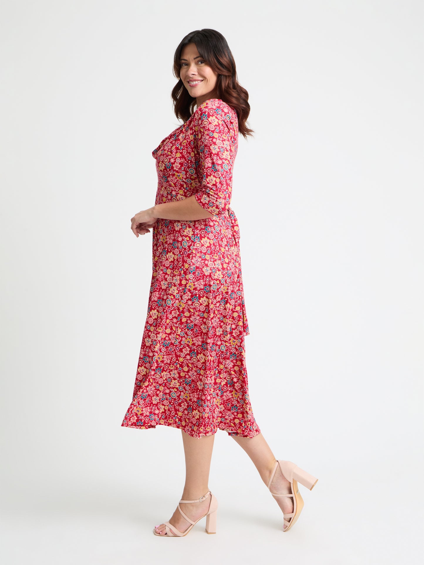 Red Yellow Teal Cowl Neck '1940s' Dress