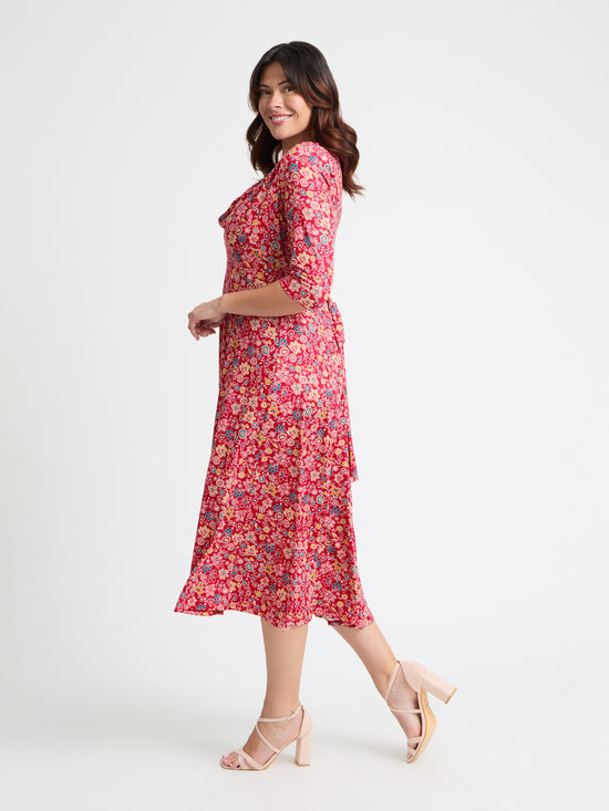 Red Yellow Teal Cowl Neck '1940s' Dress