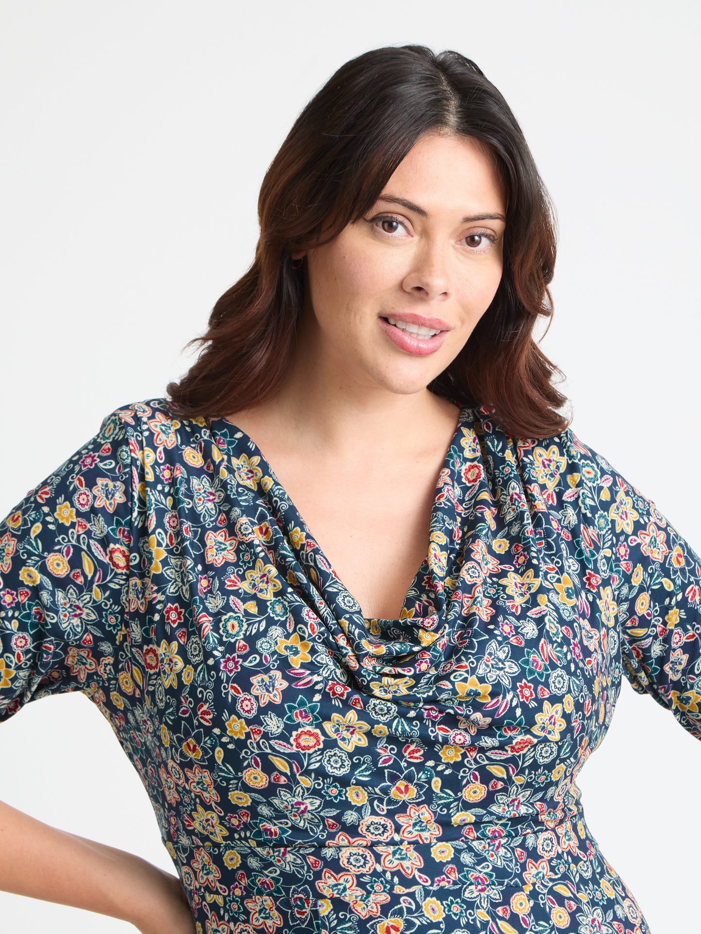 Teal Yellow Red Cowl Neck '1940s' Dress