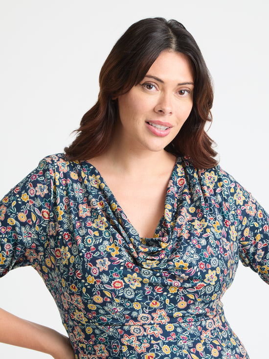 Teal Yellow Red Cowl Neck '1940s' Dress