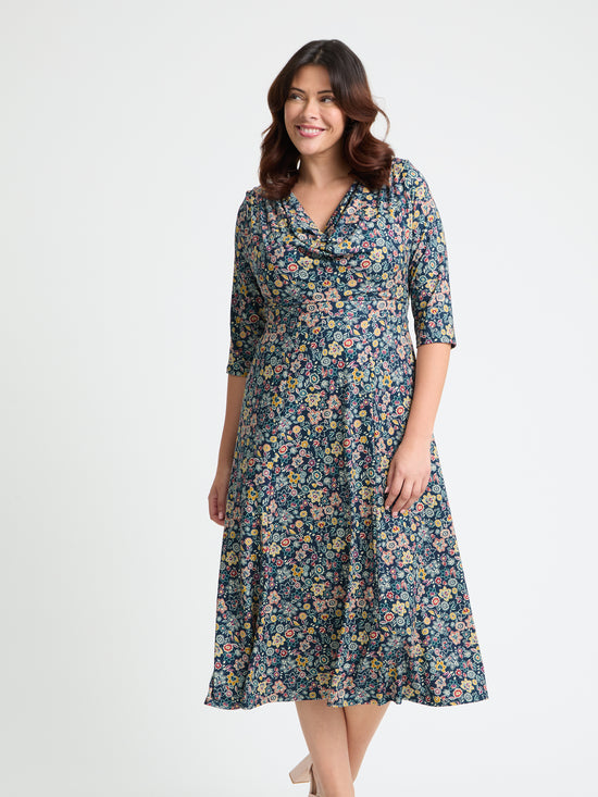 Teal Yellow Red Cowl Neck '1940s' Dress