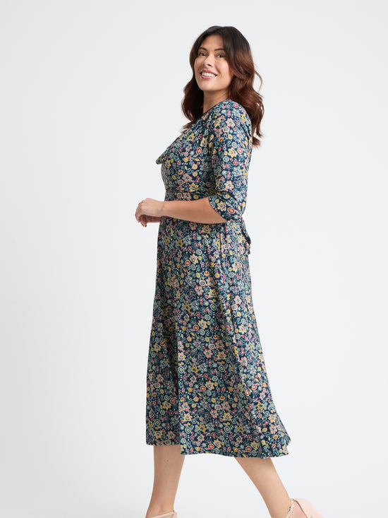 Teal Yellow Red Cowl Neck '1940s' Dress