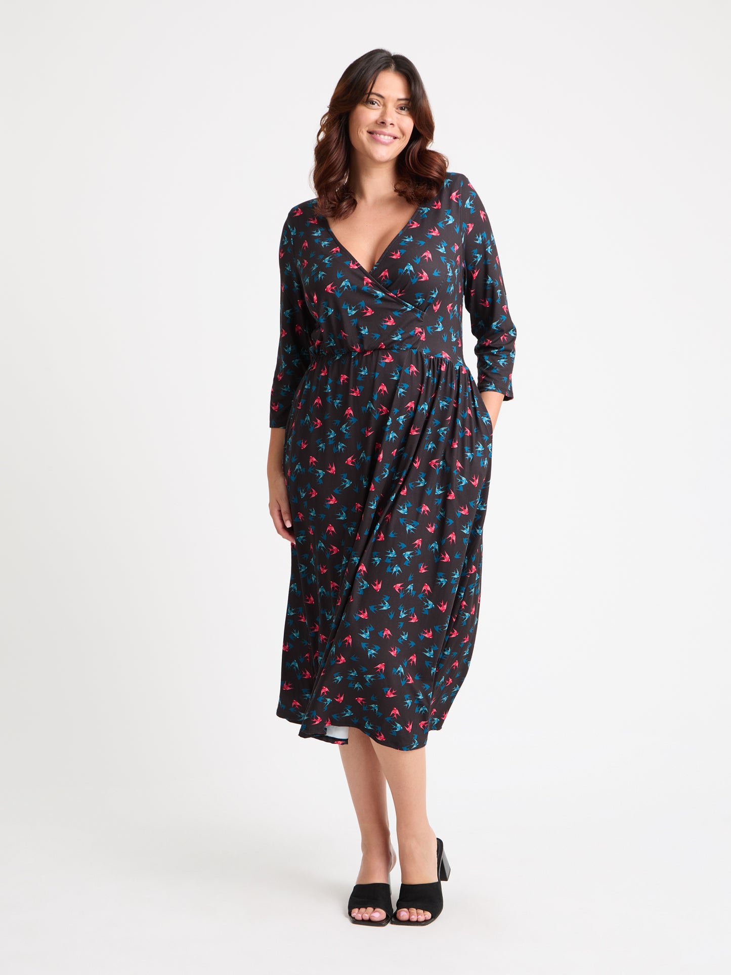 1940s Wrap Front Black Teal Red Midi Dress