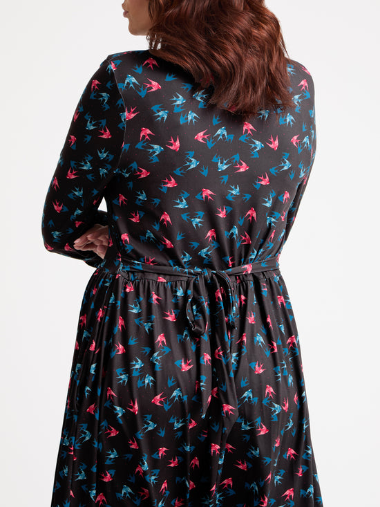 1940s Wrap Front Black Teal Red Midi Dress