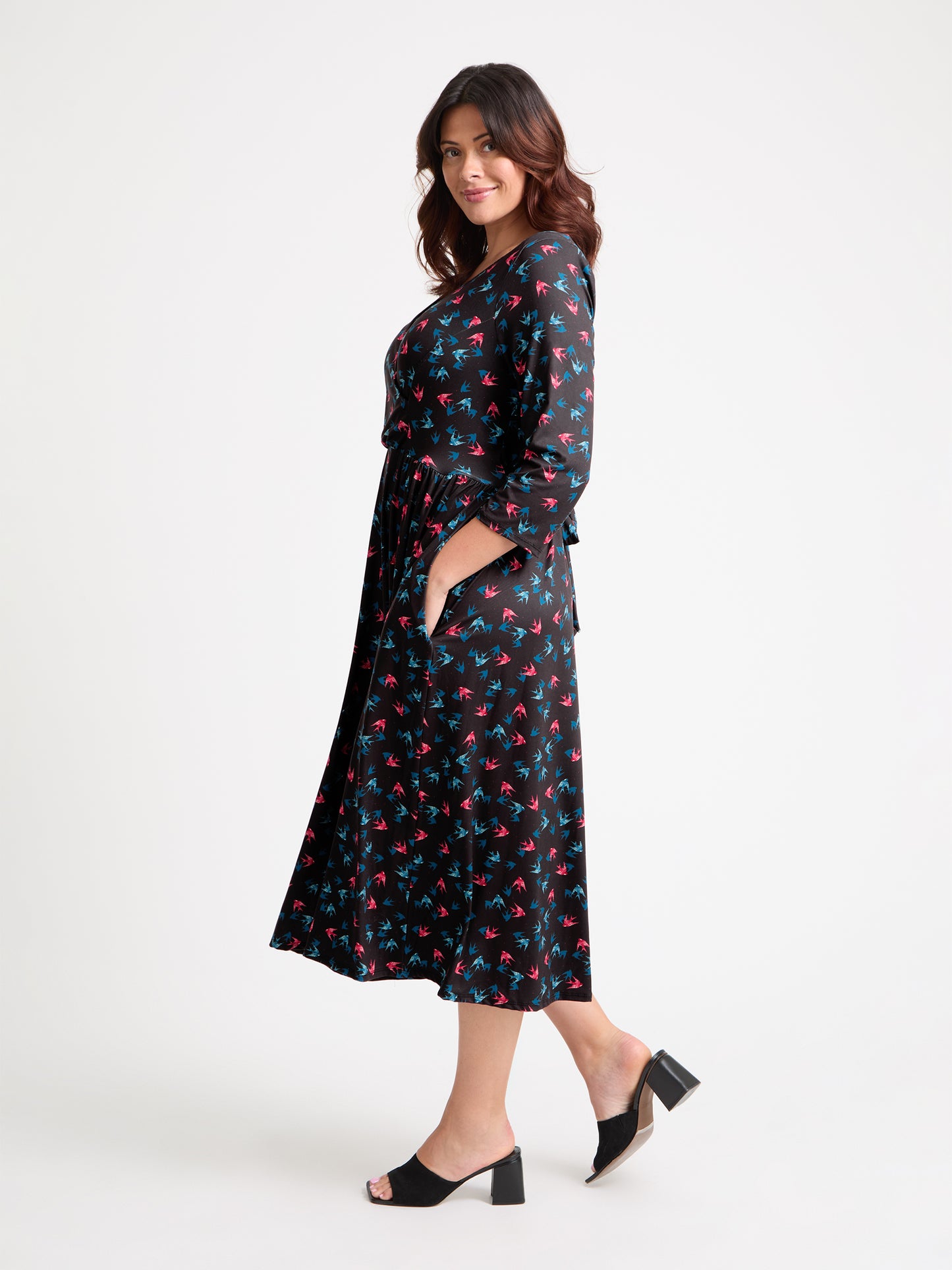 1940s Wrap Front Black Teal Red Midi Dress