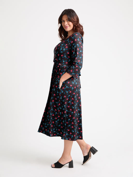 1940s Wrap Front Black Teal Red Midi Dress