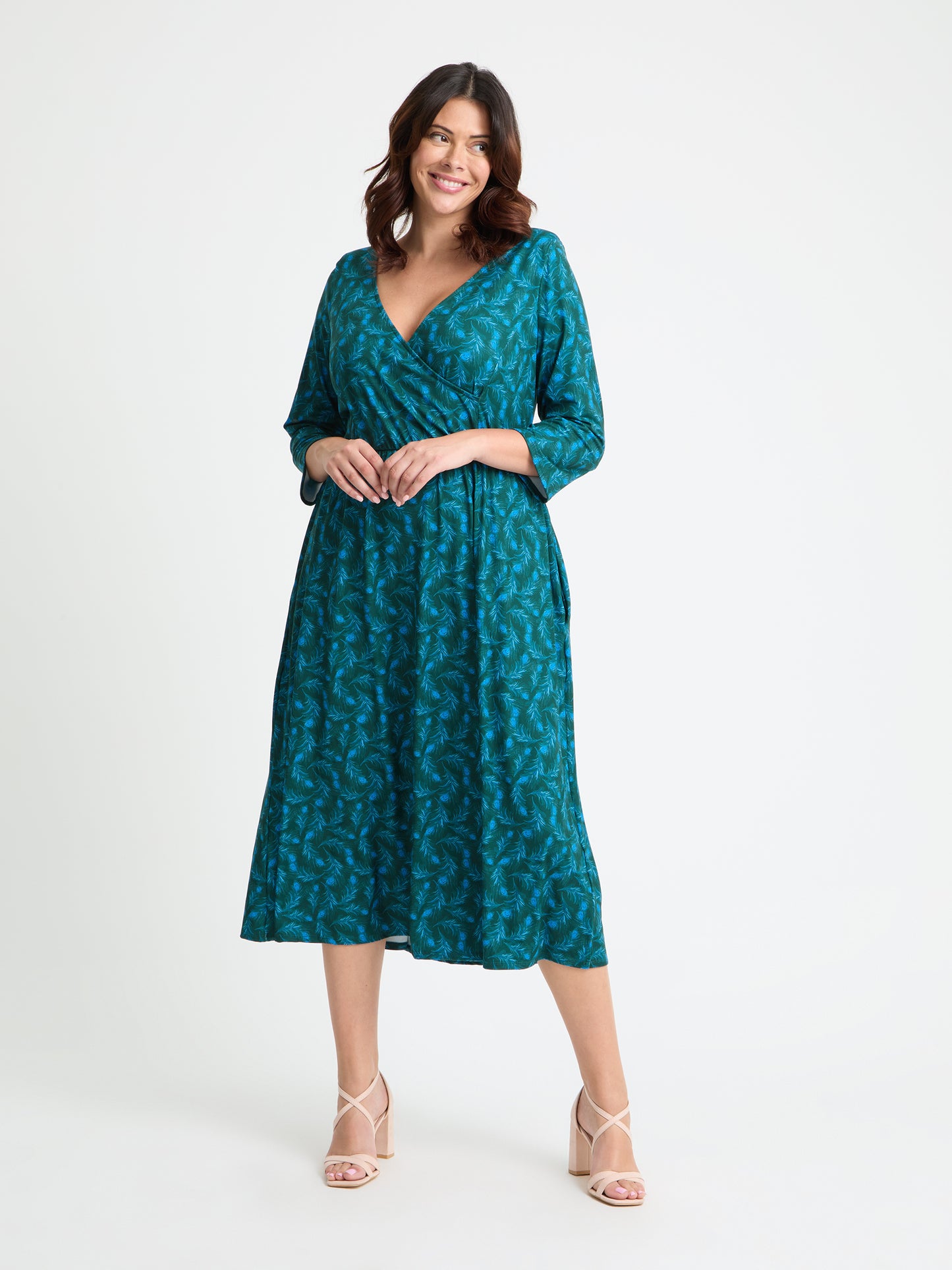 1940s Wrap Front Green Peacock Midi Dress