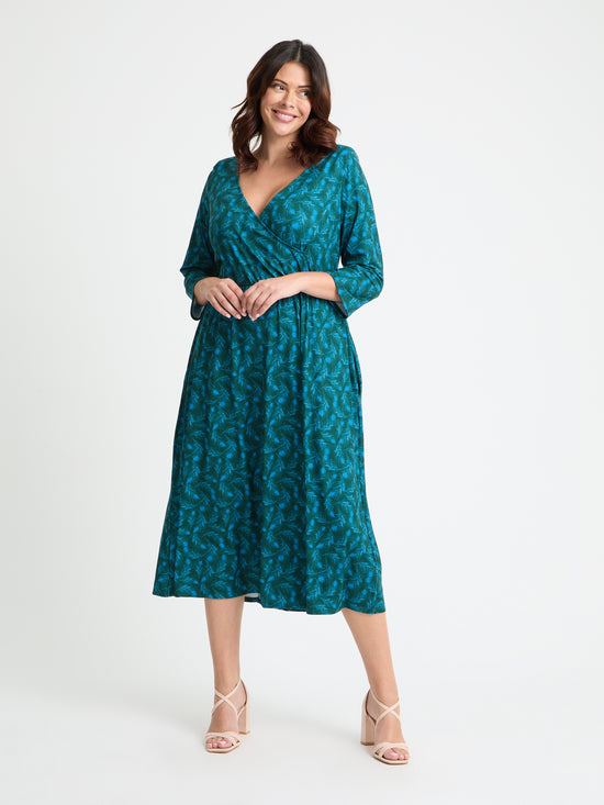 1940s Wrap Front Green Peacock Midi Dress
