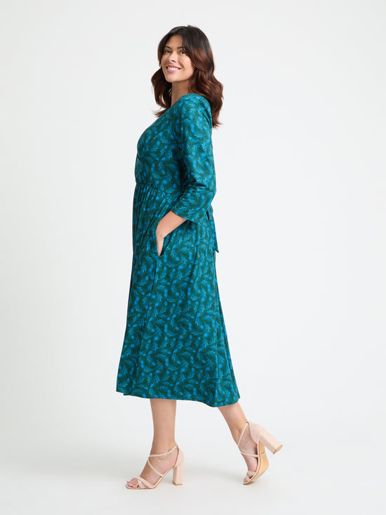 1940s Wrap Front Green Peacock Midi Dress