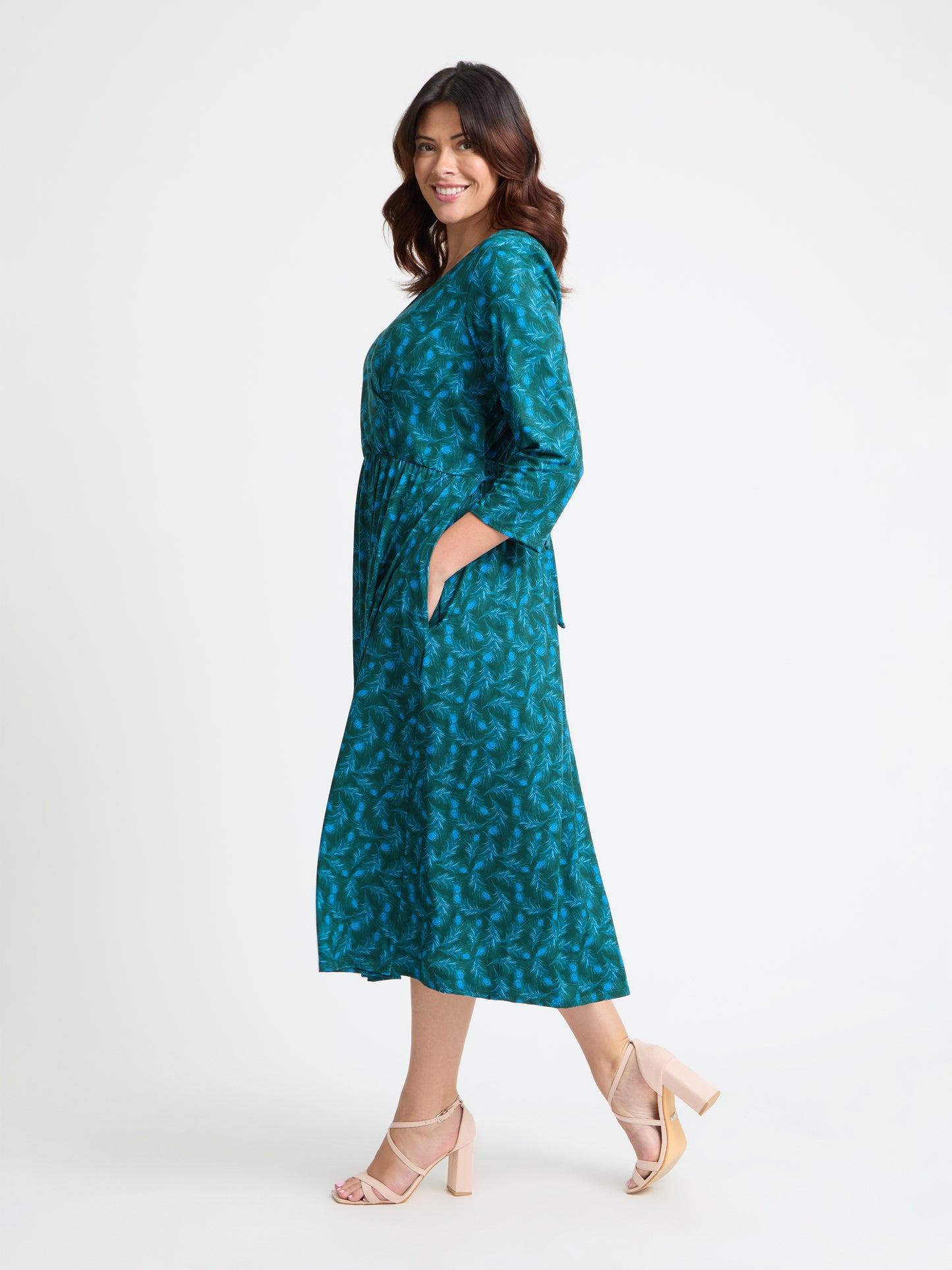 1940s Wrap Front Green Peacock Midi Dress