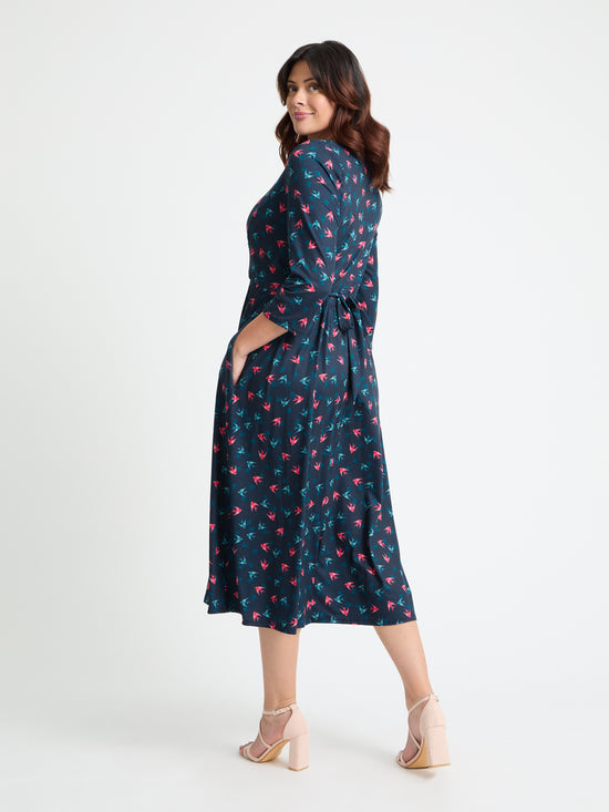 1940s Wrap Front Navy Red Teal Midi Dress