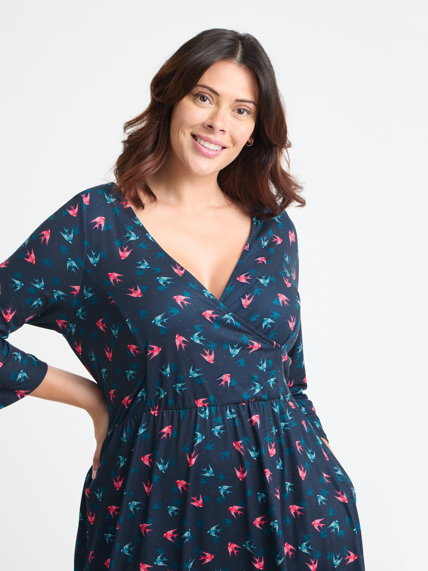 1940s Wrap Front Navy Red Teal Midi Dress