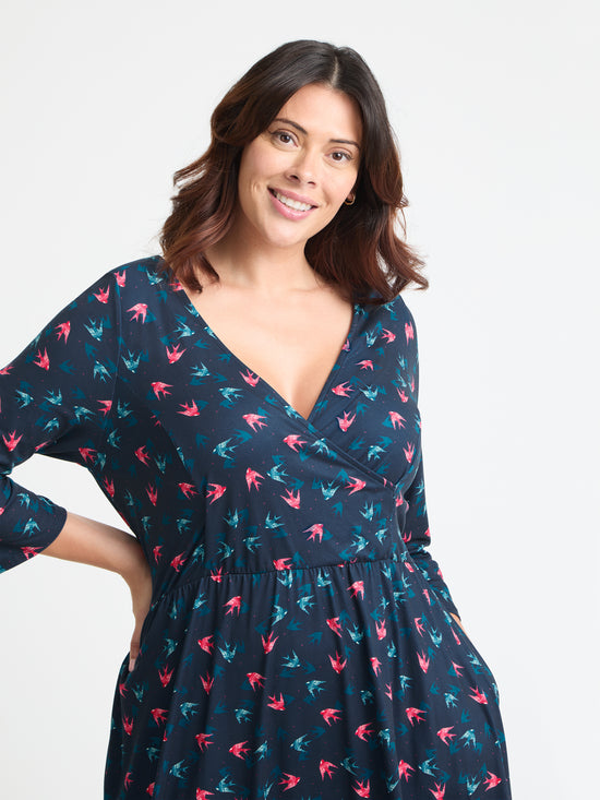 1940s Wrap Front Navy Red Teal Midi Dress