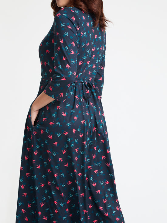 1940s Wrap Front Navy Red Teal Midi Dress