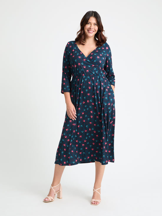 1940s Wrap Front Navy Red Teal Midi Dress