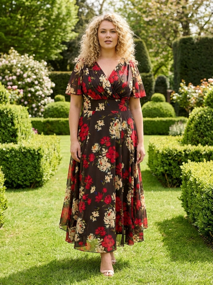 Isabelle Black Red Cream Float Sleeve Maxi Dress