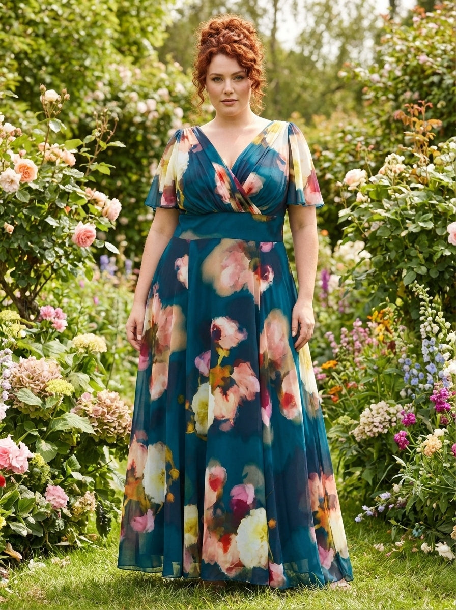 Isabelle Blue Abstract Floral Float Sleeve Maxi Dress