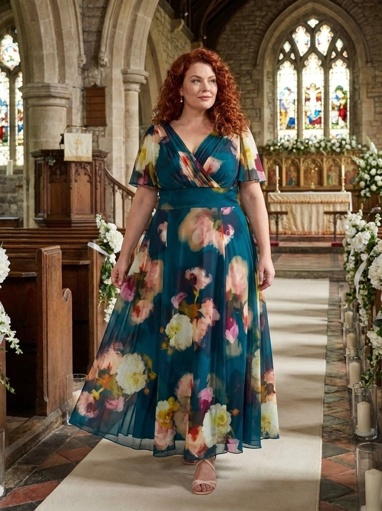 Isabelle Blue Abstract Floral Float Sleeve Maxi Dress