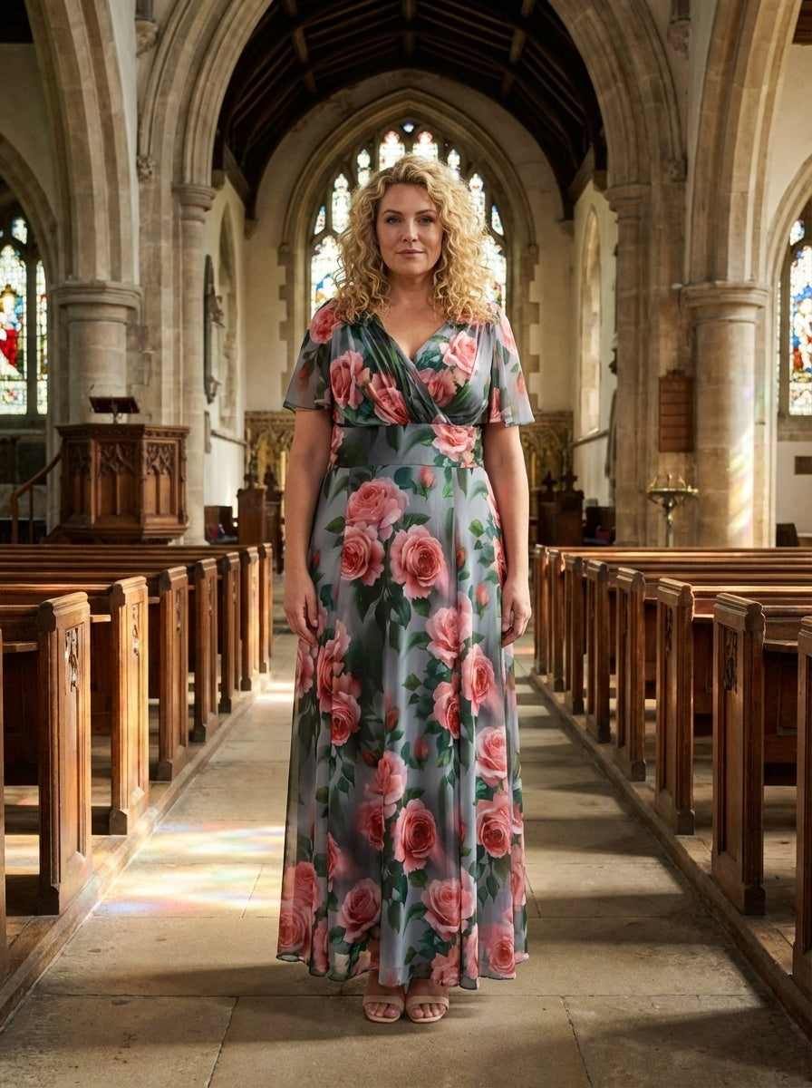 Isabelle Grey Pink Float Sleeve Maxi Dress