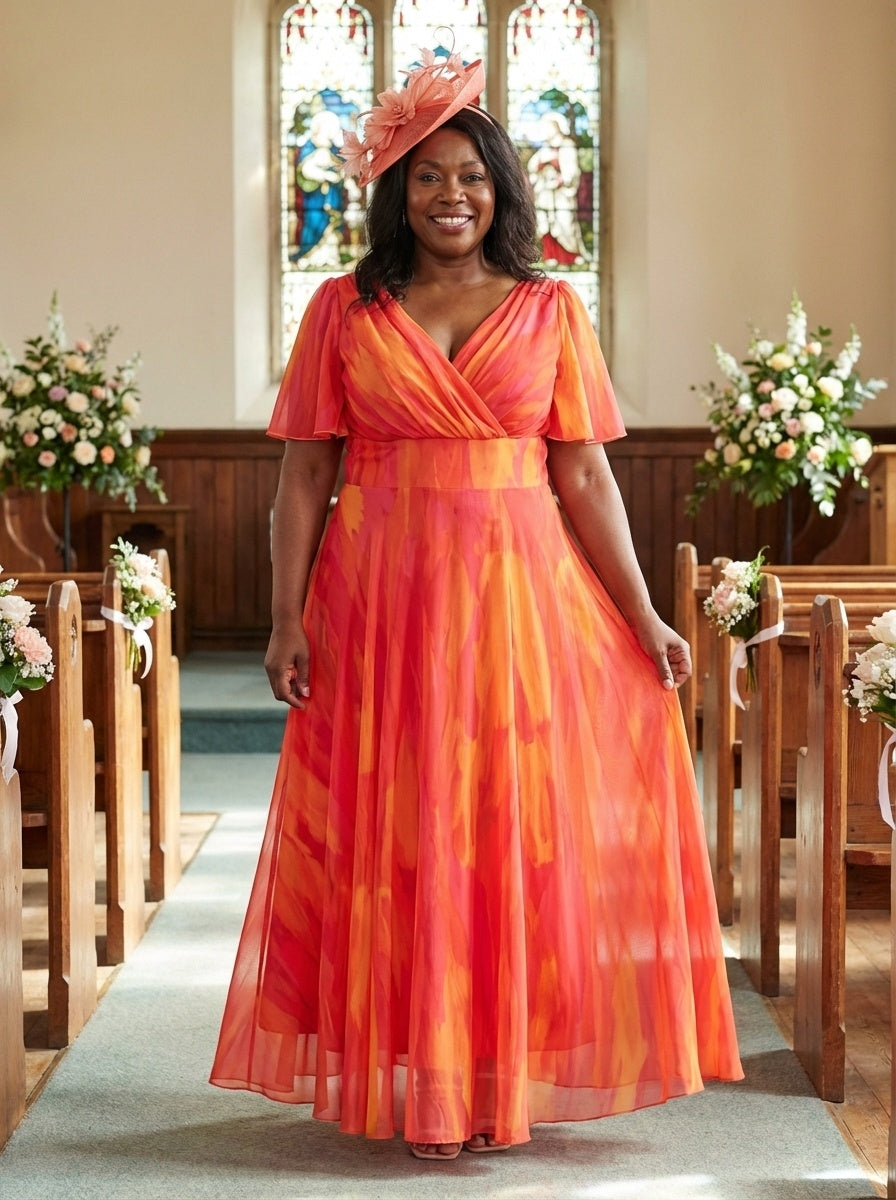 Isabelle Orange Pink Yellow Print Float Sleeve Maxi Dress