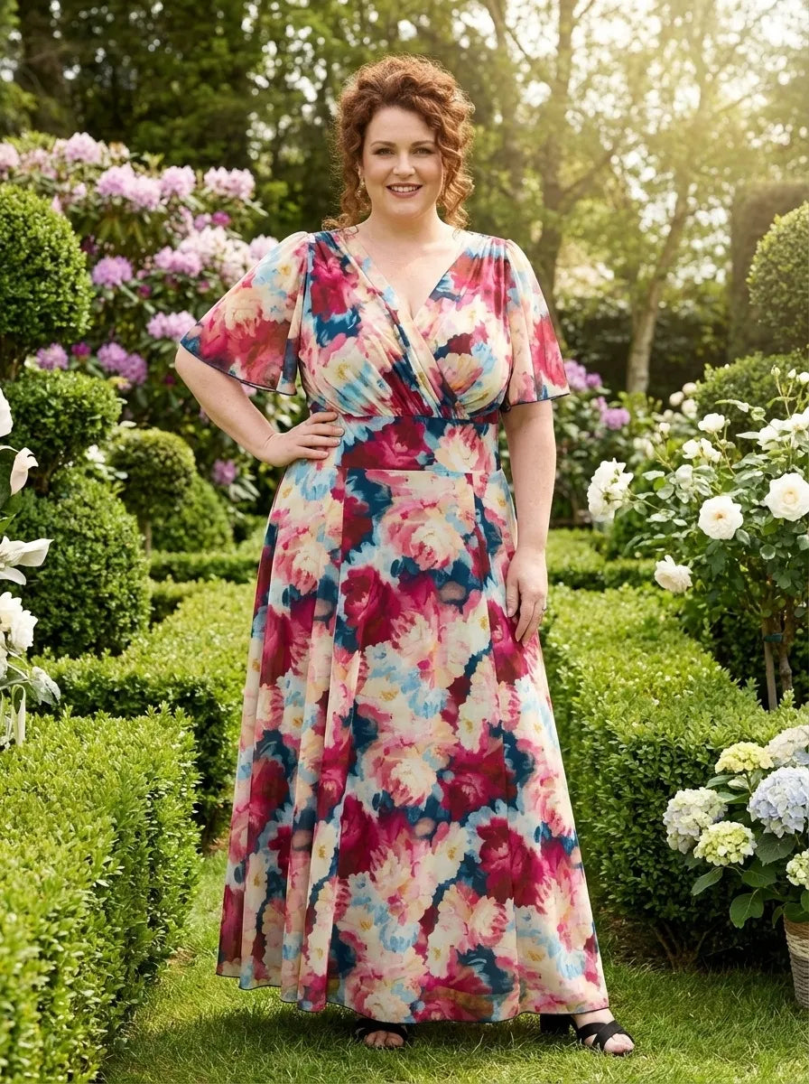 Petite Isabelle Coral Pink Navy Float Sleeve Maxi Dress