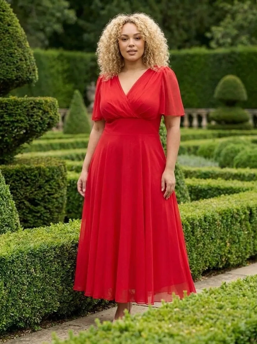 Petite Isabelle Solid Red Float Sleeve Maxi Dress