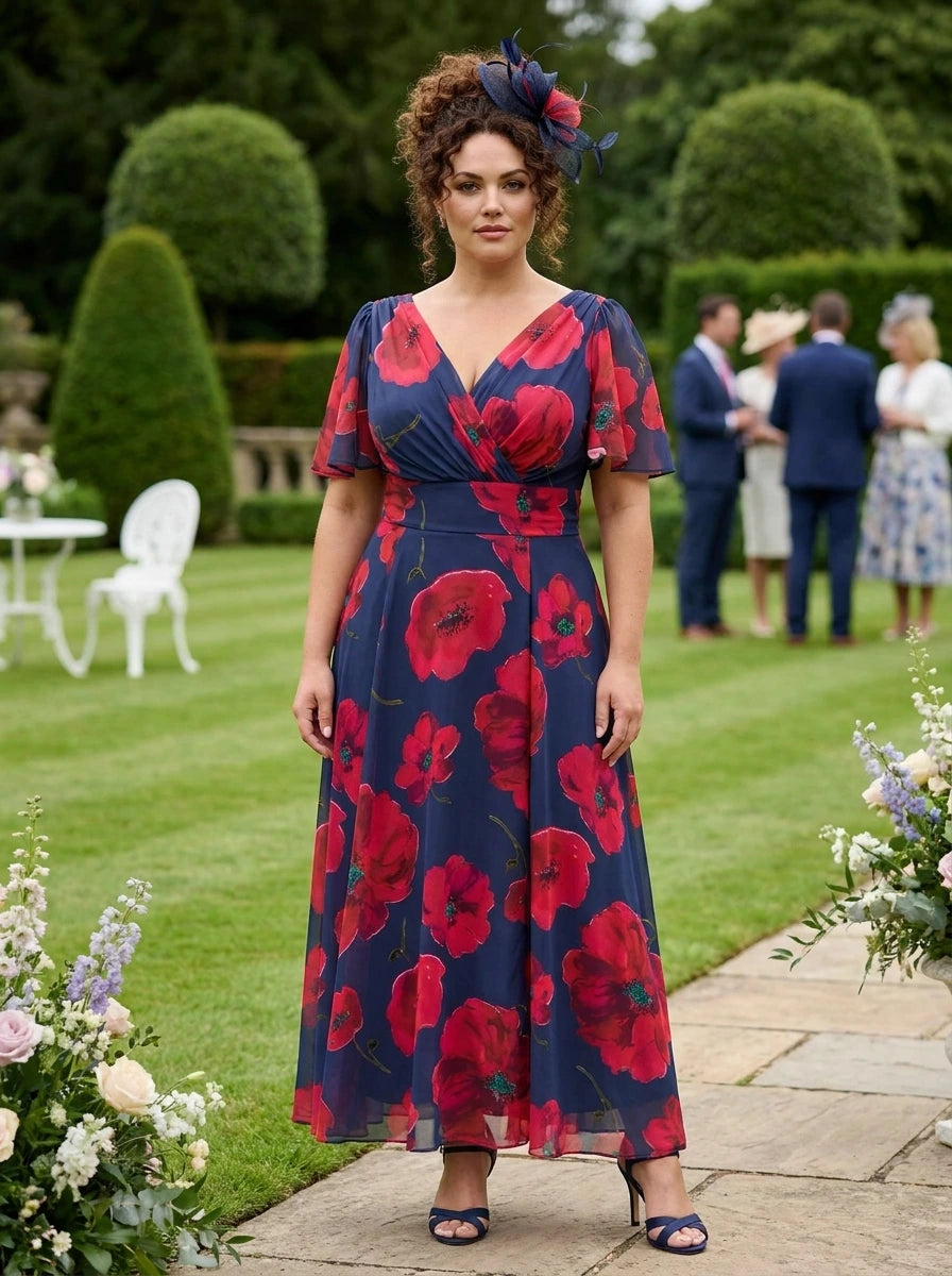 Petite Isabelle Navy Red Poppy Float Sleeve Maxi Dress – Scarlett & Jo