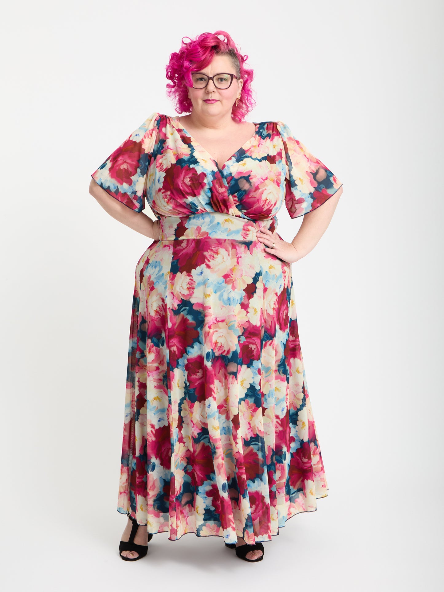 Petite Isabelle Coral Pink Navy Float Sleeve Maxi Dress