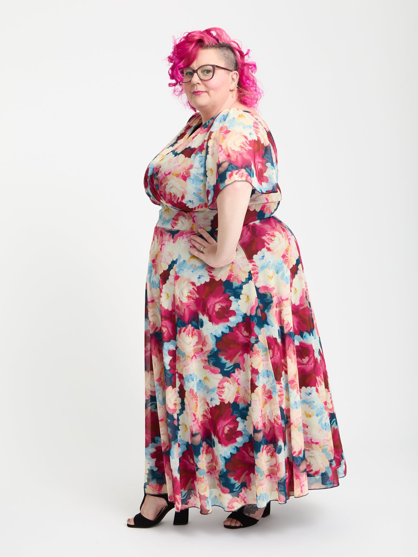 Petite Isabelle Coral Pink Navy Float Sleeve Maxi Dress