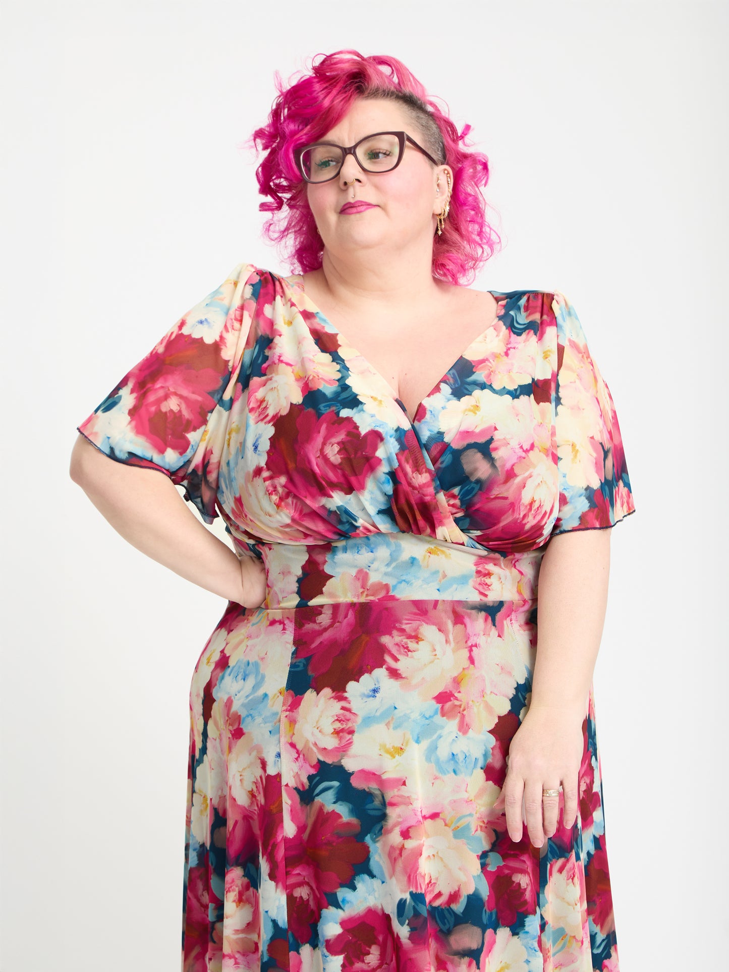 Petite Isabelle Coral Pink Navy Float Sleeve Maxi Dress