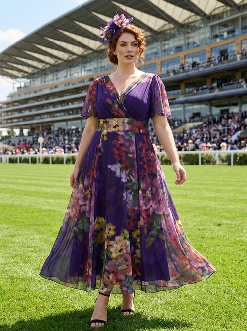 purple floaty dress Saroyan Purple Floral Long Sleeve Dress / S