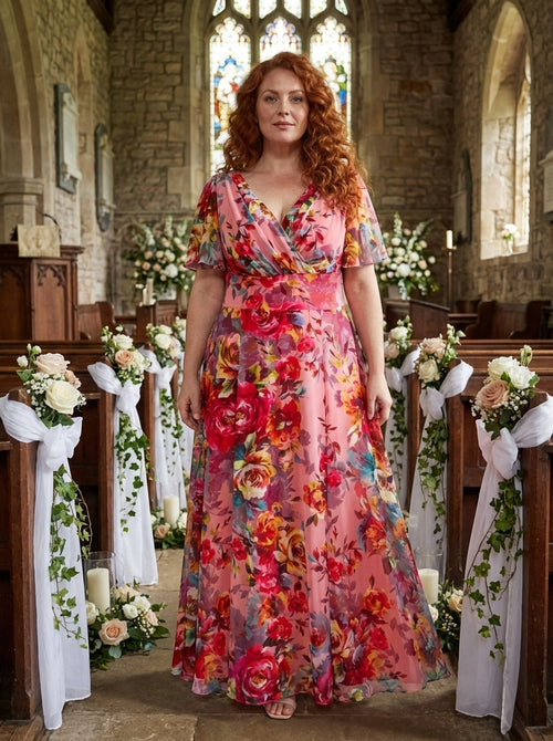 Isabelle Pink Cerise Print Float Sleeve Maxi Dress Scarlett & Jo Isabelle Pink Cerise Print Float Sleeve Maxi Dress Scarlett & Jo