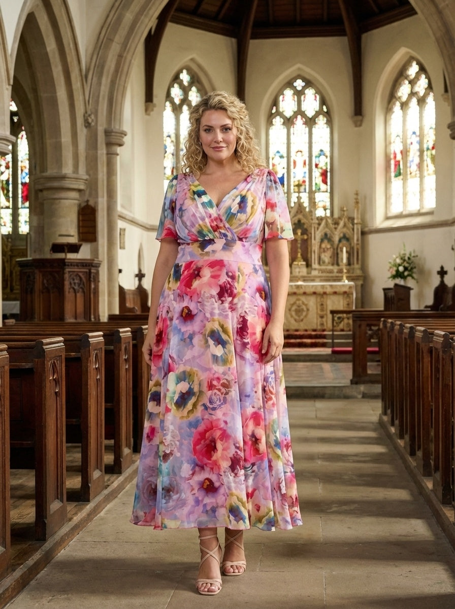 Isabelle Pink Lemon Multi Float Sleeve Maxi Dress