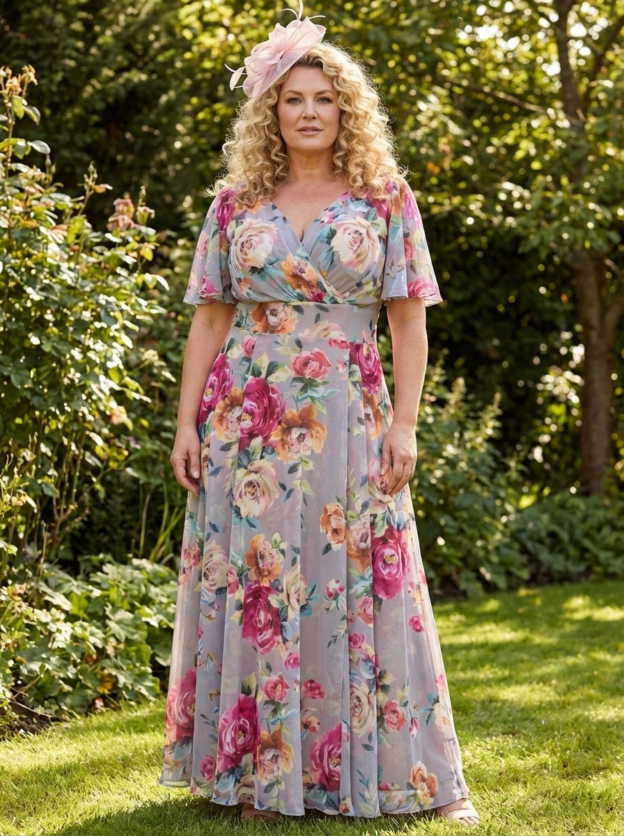 Isabelle Silver Pink Float Sleeve Maxi Dress