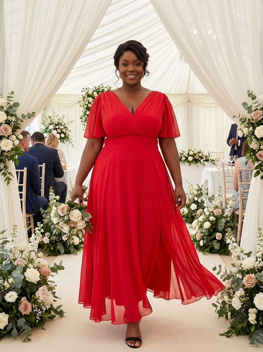 Isabelle Solid Red Float Sleeve Maxi Dress