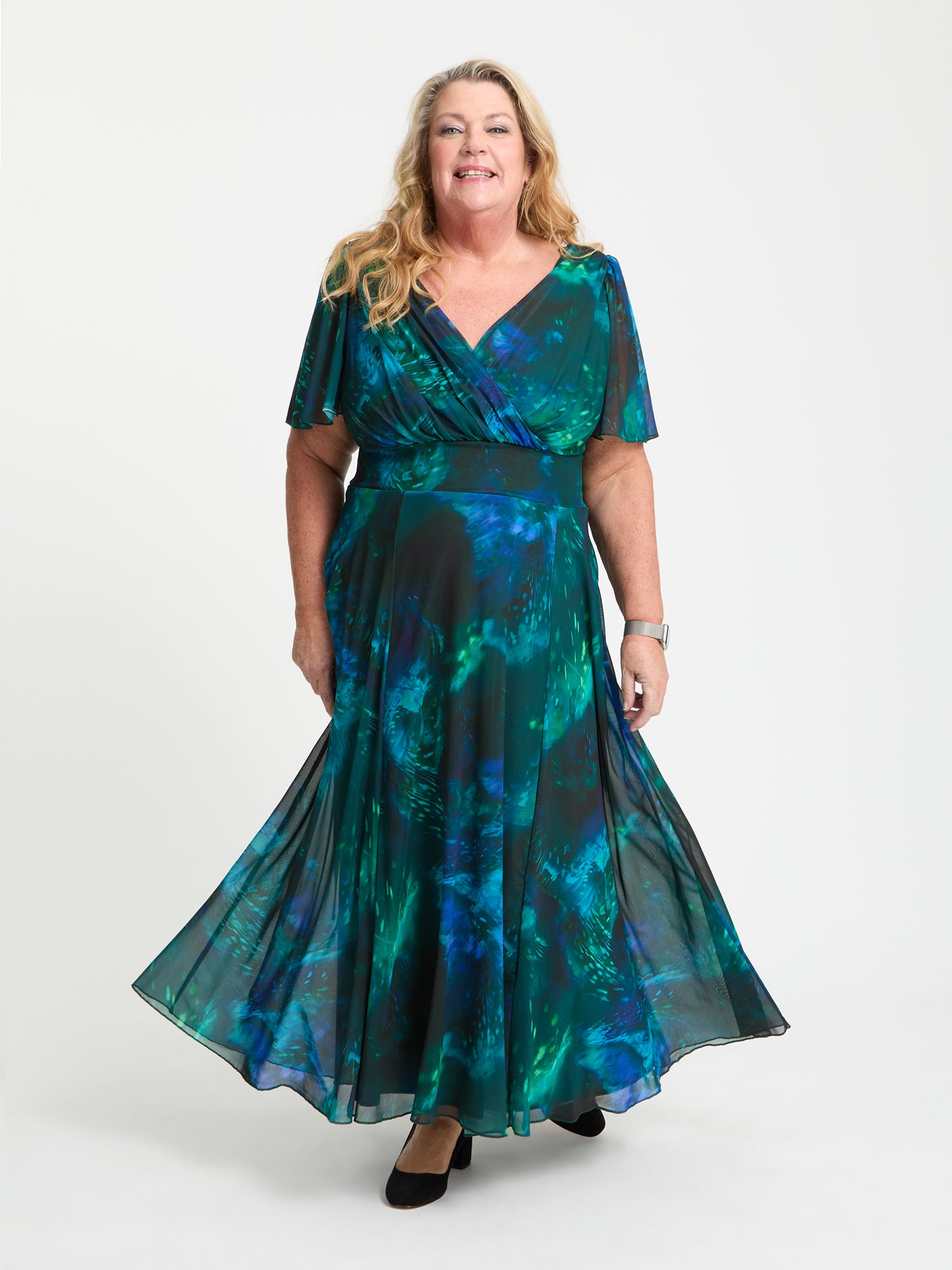 Petite Isabelle Green Blue Marble Float Sleeve Maxi Dress