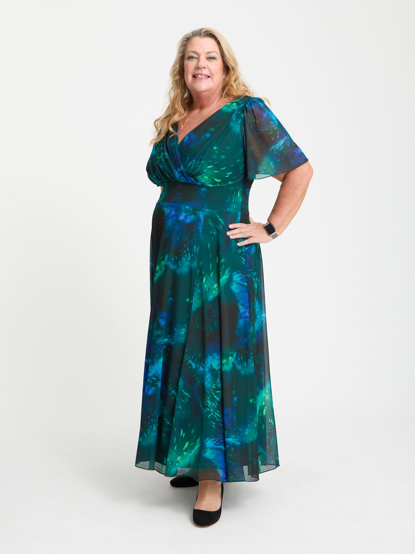 Petite Isabelle Green Blue Marble Float Sleeve Maxi Dress