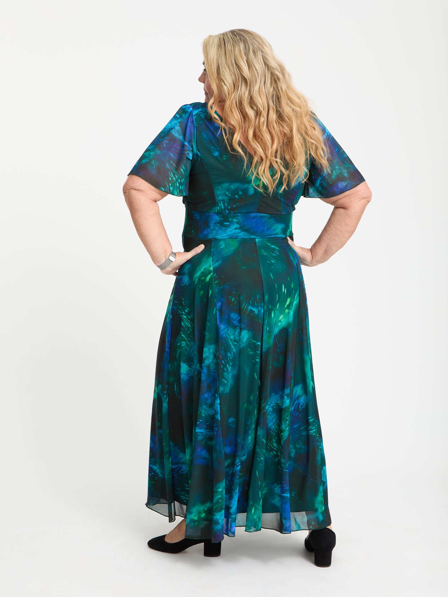 Petite Isabelle Green Blue Marble Float Sleeve Maxi Dress