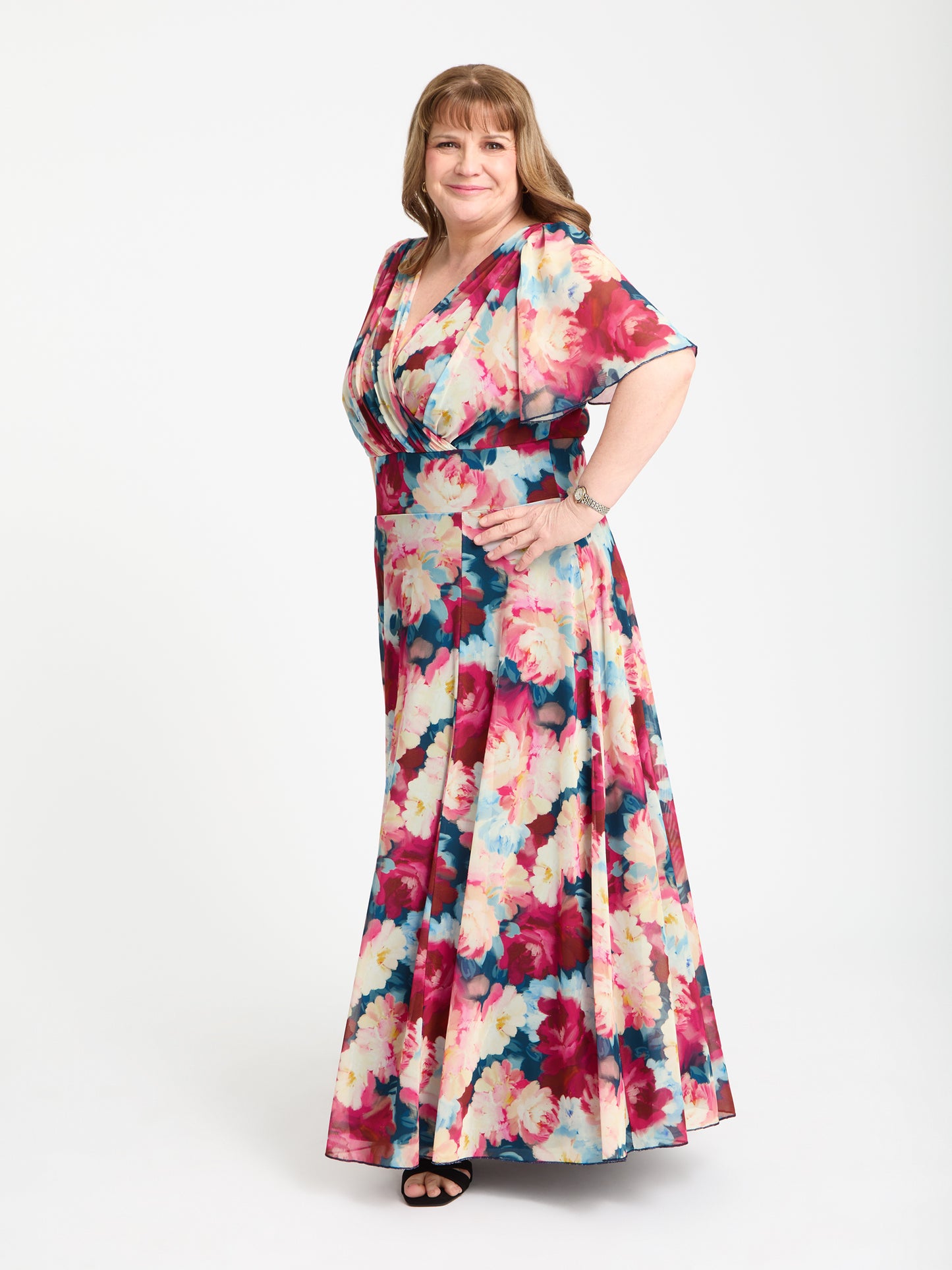 Petite Isabelle Coral Pink Navy Float Sleeve Maxi Dress