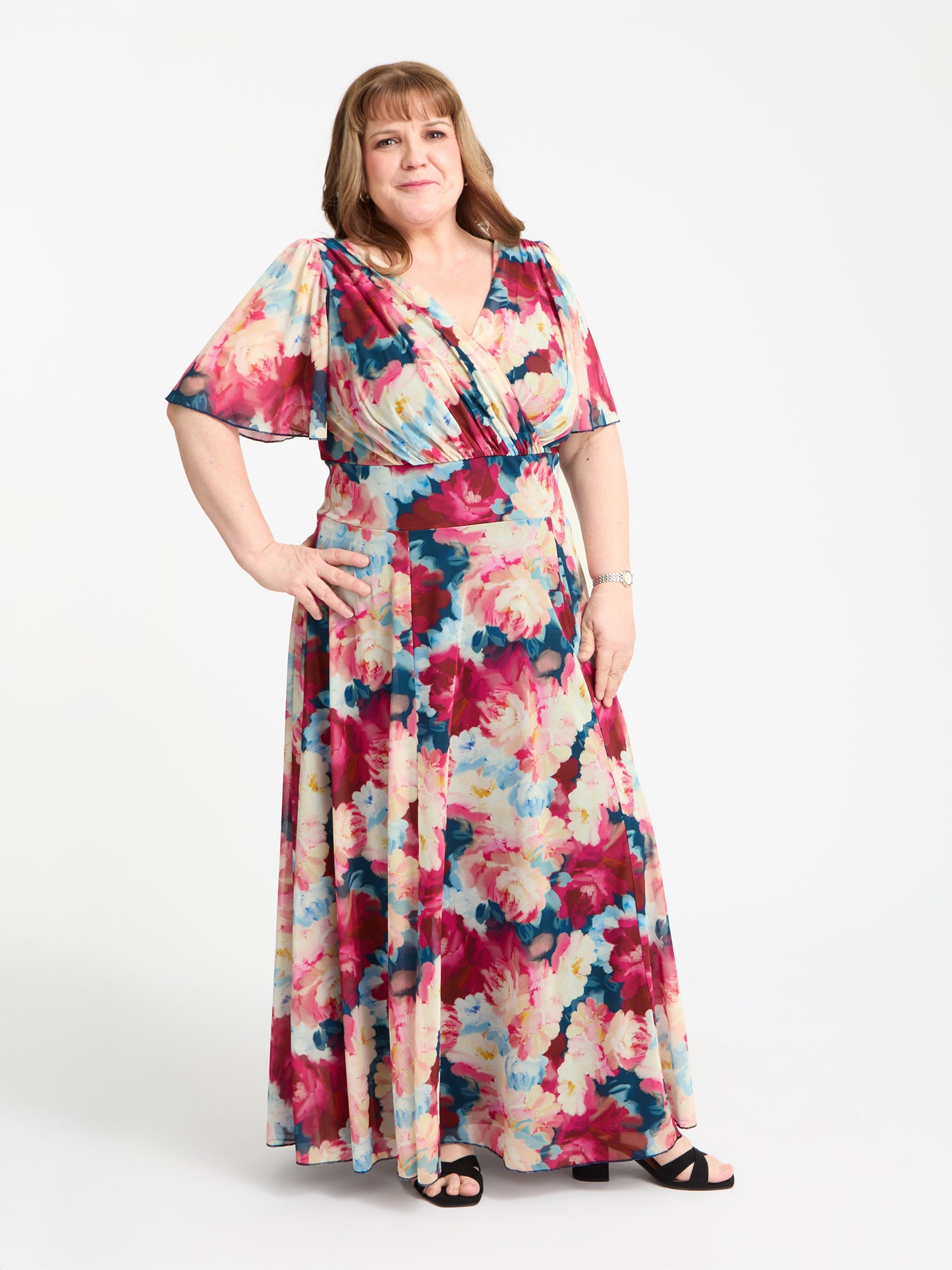 Petite Isabelle Coral Pink Navy Float Sleeve Maxi Dress