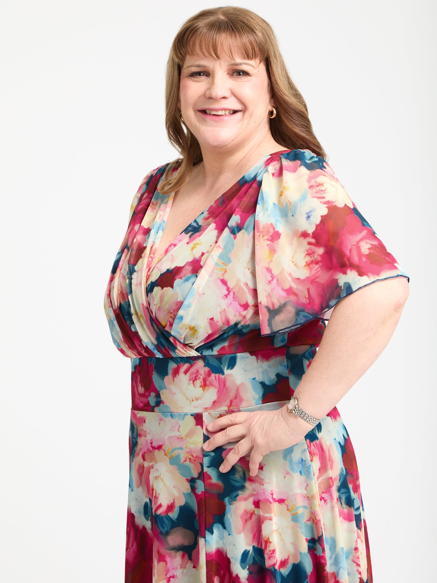 Petite Isabelle Coral Pink Navy Float Sleeve Maxi Dress