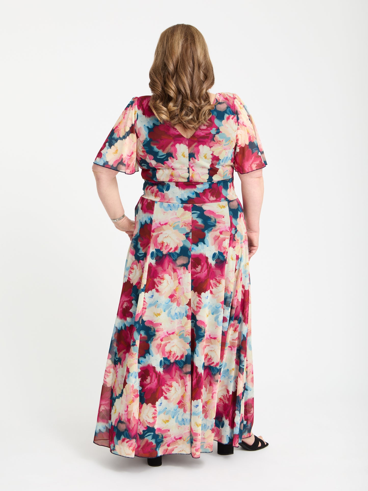Petite Isabelle Coral Pink Navy Float Sleeve Maxi Dress